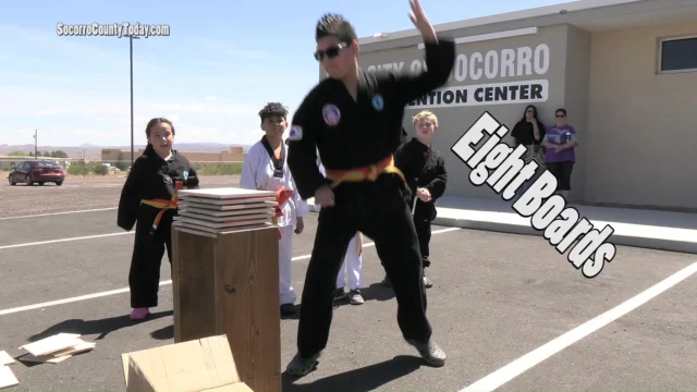SLOW-MOTION BREAK! Dominic Torres, 13, makes it look easy as he breaks eight boards during the Martial Arts Institute of Socorro's demonstration at the SCOPE Health Council's Mindset Youth Summit today. @scopehealthcouncil @positive.outcomes