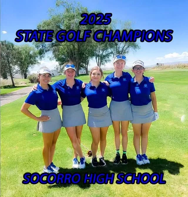 STATE GOLF CHAMPIONS! The Socorro Lady Warriors are the 2025 State 1-3A Golf Champions as freshman Abbegail Munguia and junior Natasha Apodoca tied for the lowest individual two-day scores of 162. Socorro turned a 46-stroke lead into a smashing 116-stroke victory over second-place Gateway Christian at the Riverside Golf Course in Farmington today.
It was a breakout weekend for Munguia, who shot an 81 on Monday and followed it up with another 81 on Tuesday. Apodaca had the lowest round on Day 2, a 79, and was sitting in third place after her Day 1 score of 83.
Socorro had victory in hand as it awaited its final golfer and only senior Ariana Crespin to finish her final hole before the victory celebration began. Already in the clubhouse was 4th place finisher Kailyn Woods (179), and Crespin’s 187 total was 7th.
Freshman Avery Timmons’ 198 total was a 7th-place finish for coach Kristen Griego’s team. @socorroschools @socorrowarriorgolf