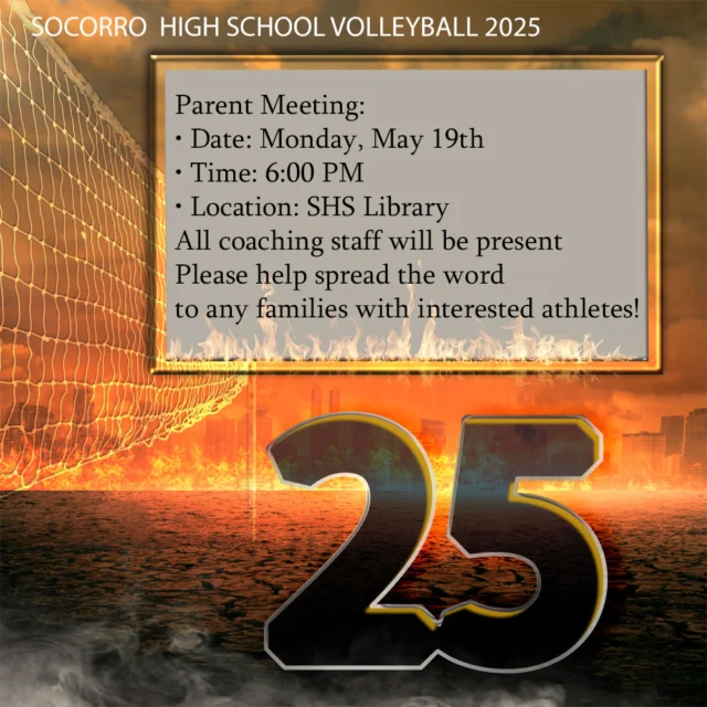 VOLLEYBALL SEASON! Championships are won in the offseason, and Socorro High School's new head volleyball coach Carmen Marquez isn't playing around. The two-year assistant is taking over the reins of the Lady Warriors' volleyball program and the first practice of the 2025 season is eight days away!
Preseason Practices Begin:
• Start Date: Wednesday, May 21st
• Schedule for May:
• Mondays & Wednesdays: 4:30–6:30 PM
• Fridays: 12:30–2:30 PM