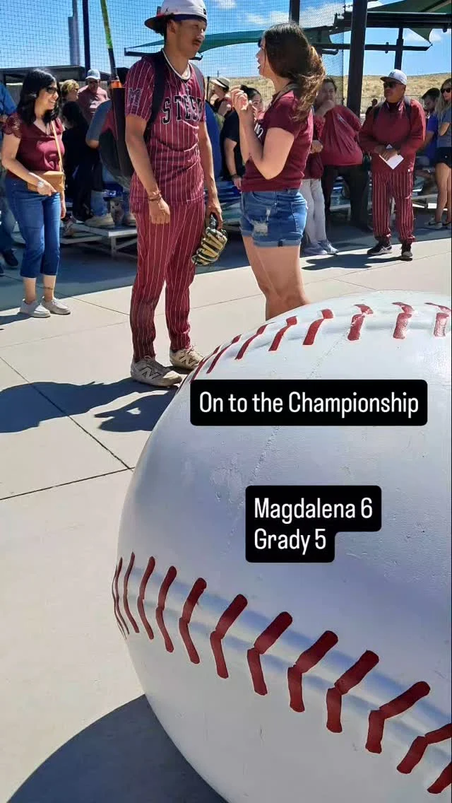 STEERS WIN! Senior Joseph Zamora pounded a long hit to score Shane Montoya as Magdalena broke a 5-5 tie in the 7th inning to lift the Steers to a 6-5 win and into tomorrow's Class A State Championship game
