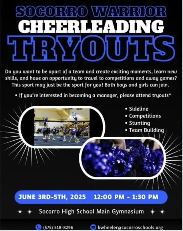 CHEERLEADER TRYOUTS! Be the engine that fires up the Socorro sports crowds!